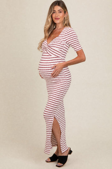 Cream/ Burgundy Striped Knit Short Sleeve Maternity Maxi Dress