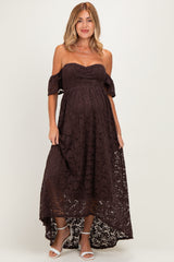 Brown Lace Off Shoulder Maternity Maxi Dress