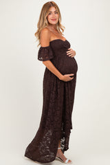 Brown Lace Off Shoulder Maternity Maxi Dress