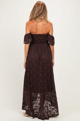 Brown Lace Off Shoulder Maternity Maxi Dress
