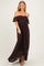 woman wearing a dark brown off-the-shoulder lace maxi dress with flowing sleeves
