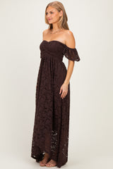 Brown Lace Off Shoulder Maxi Dress