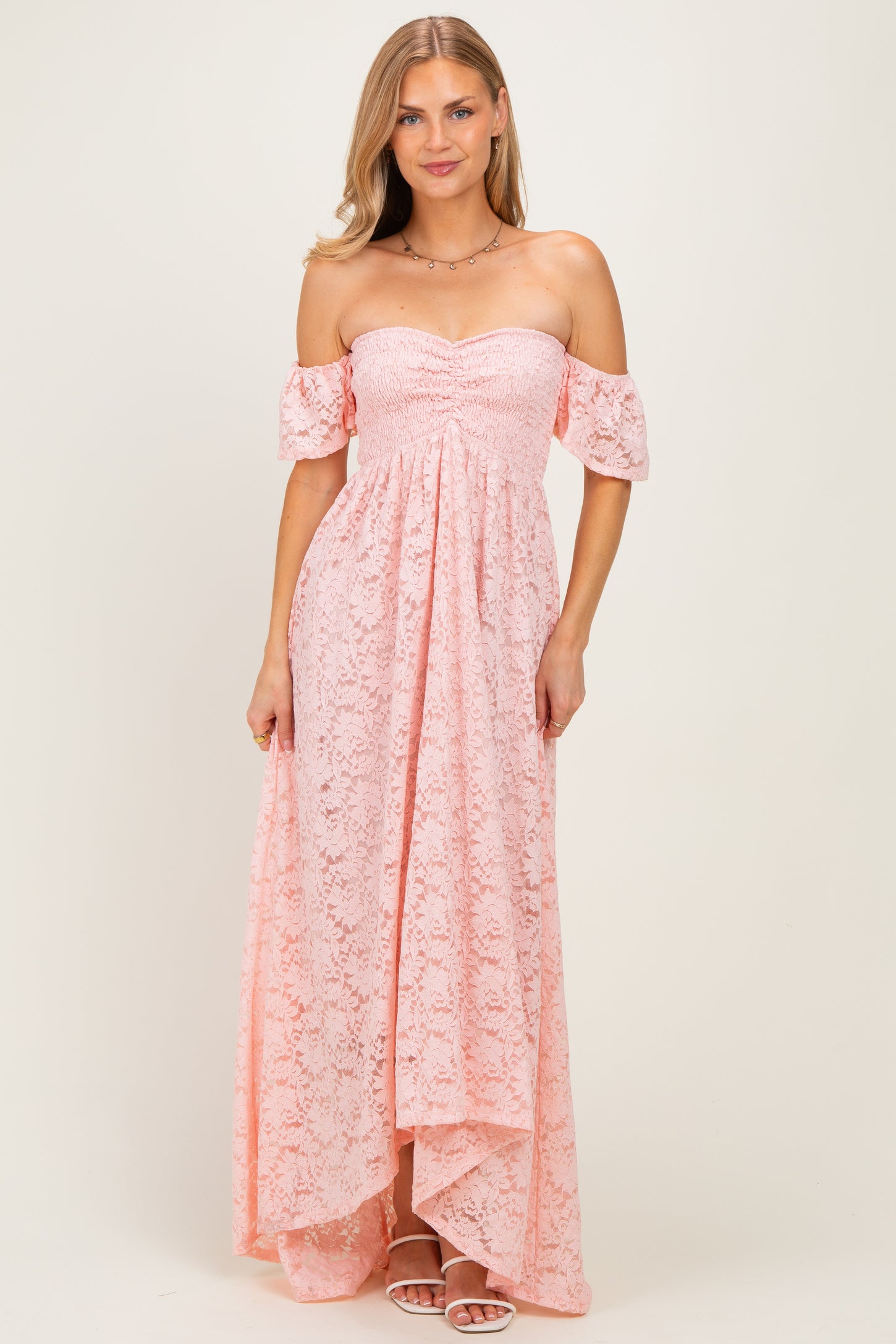 light pink off the shoulder dress Ella Maxi Please note that measurements are taken when the style is lying flat Light Pink Lace Off Shoulder