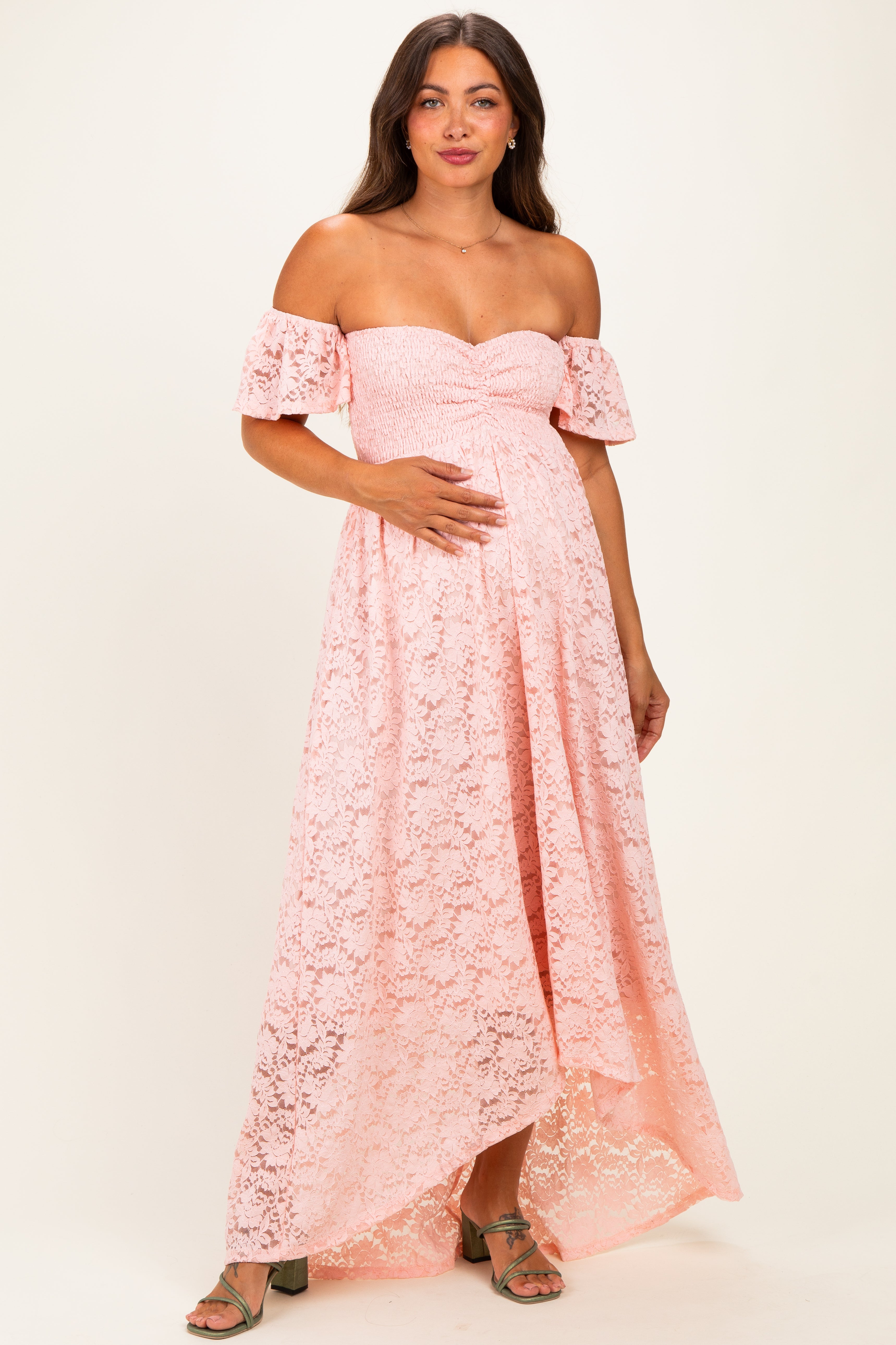 Light Pink Lace Off Shoulder Maternity Maxi Dress – PinkBlush