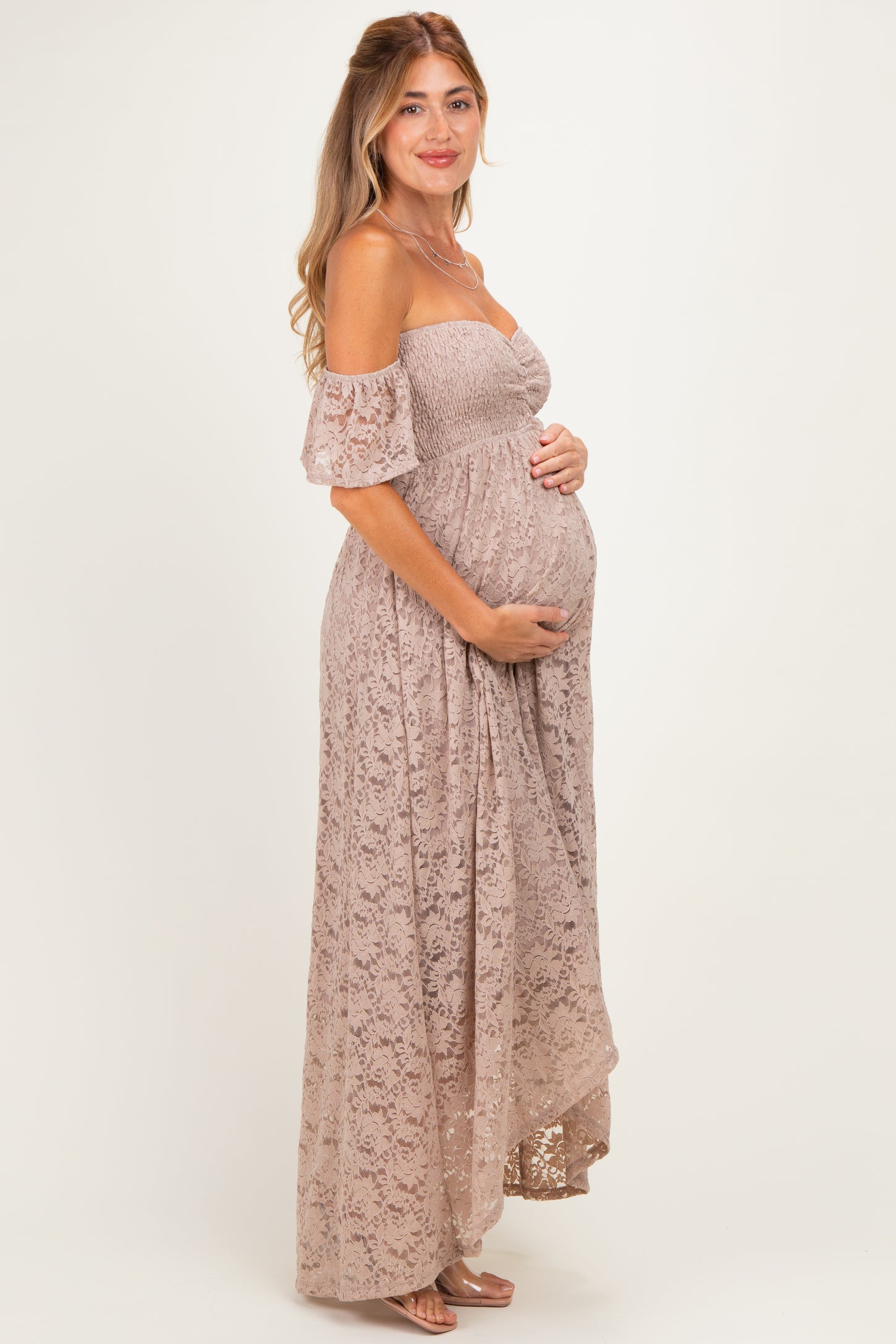Mocha Lace Off Shoulder Maternity Maxi Dress