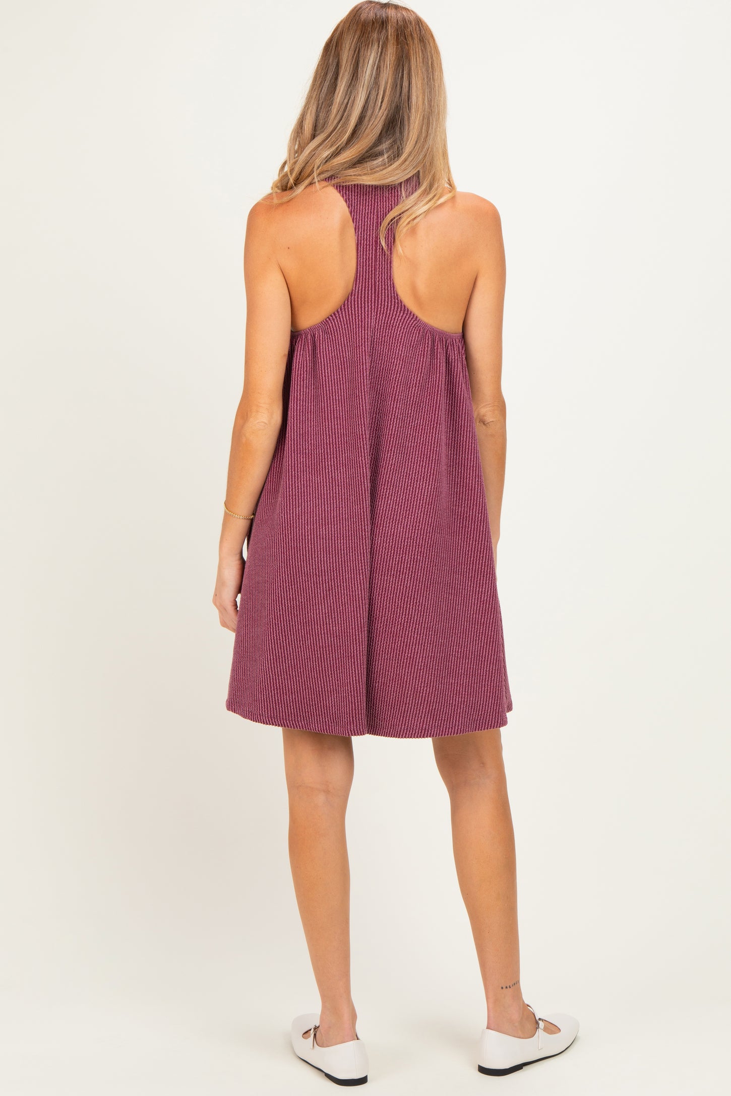 Burgundy Ribbed Sleeveless Open Back Maternity Midi Dress
