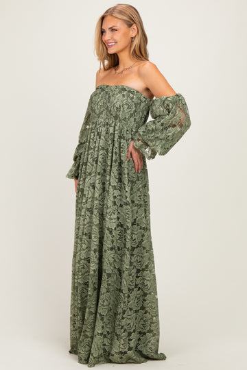 Olive Lace Off Shoulder Long Sleeve Maxi Dress