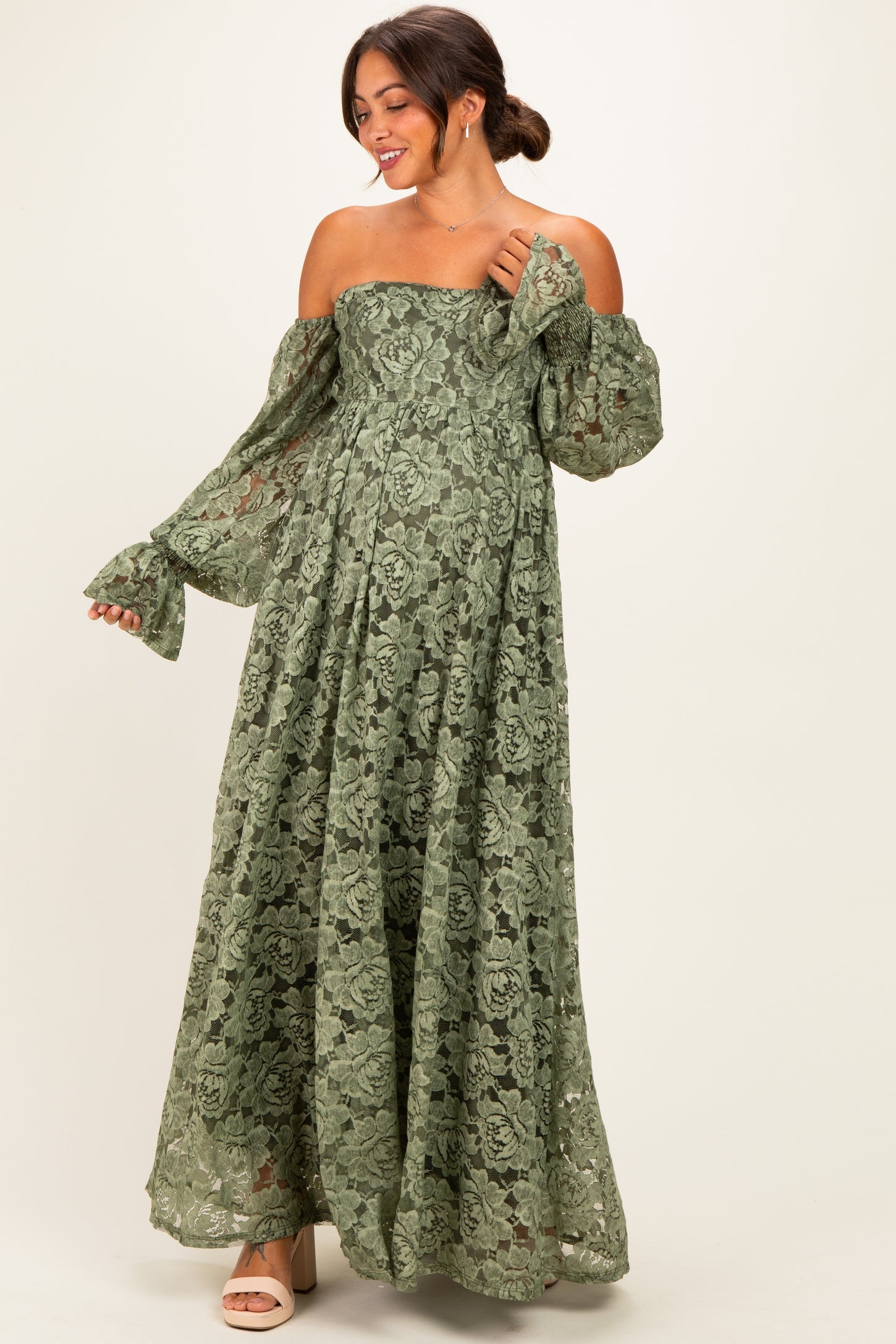 Olive Lace Off Shoulder Long Sleeve Maternity Maxi Dress – PinkBlush