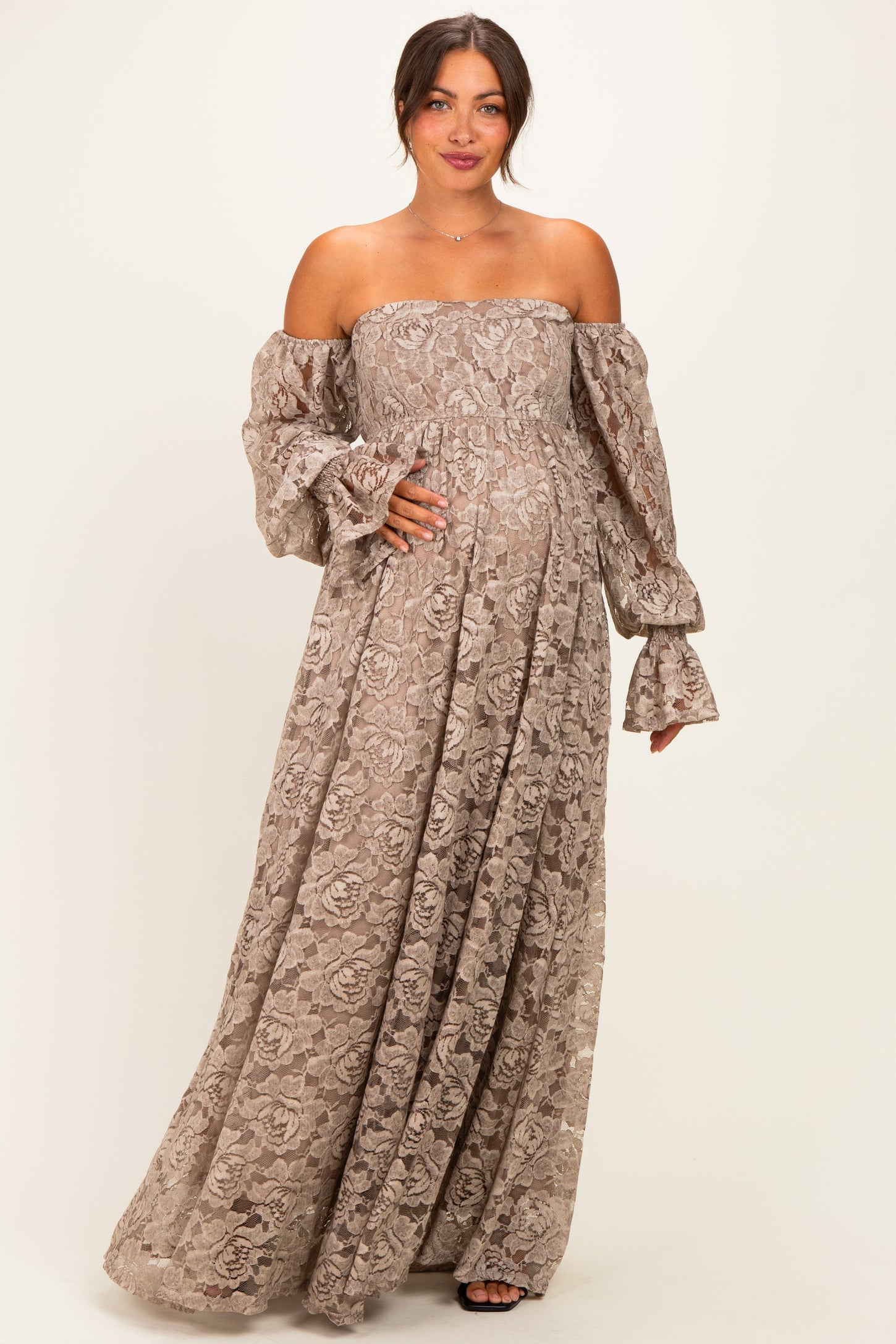 Mocha Lace Off Shoulder Long Sleeve Maternity Maxi Dress