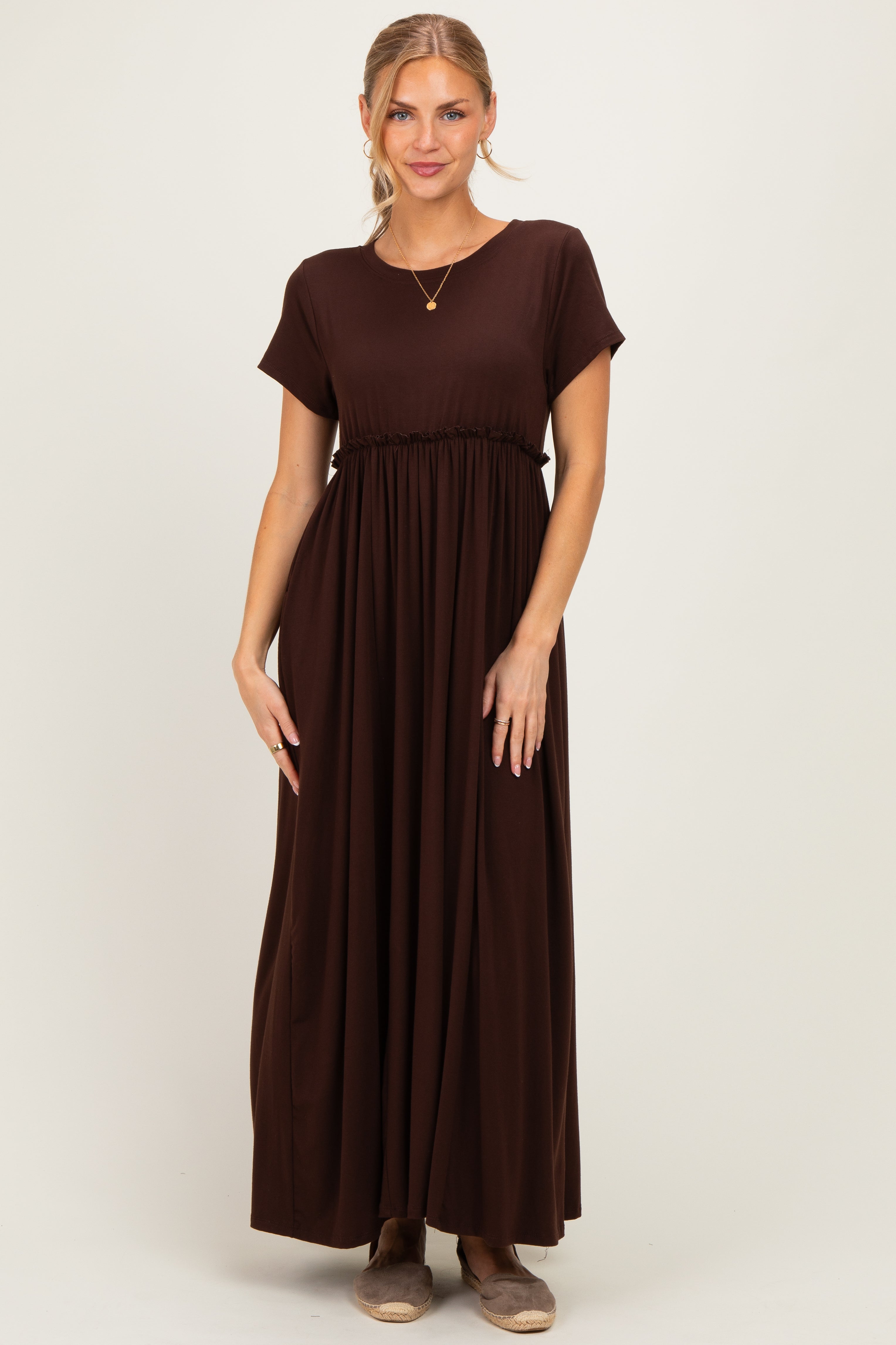 Brown Ruffle Trim Maxi Dress
