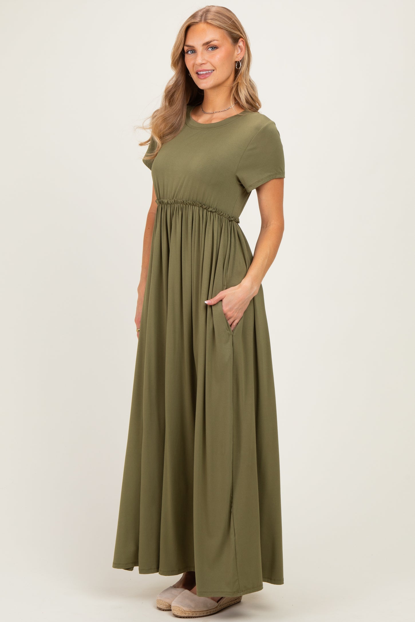 Olive Ruffle Trim Maxi Dress