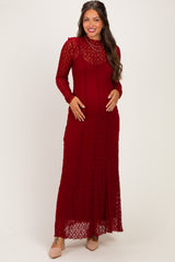 Burgundy Lace Mock Neck Long Sleeve Maternity Maxi Dress