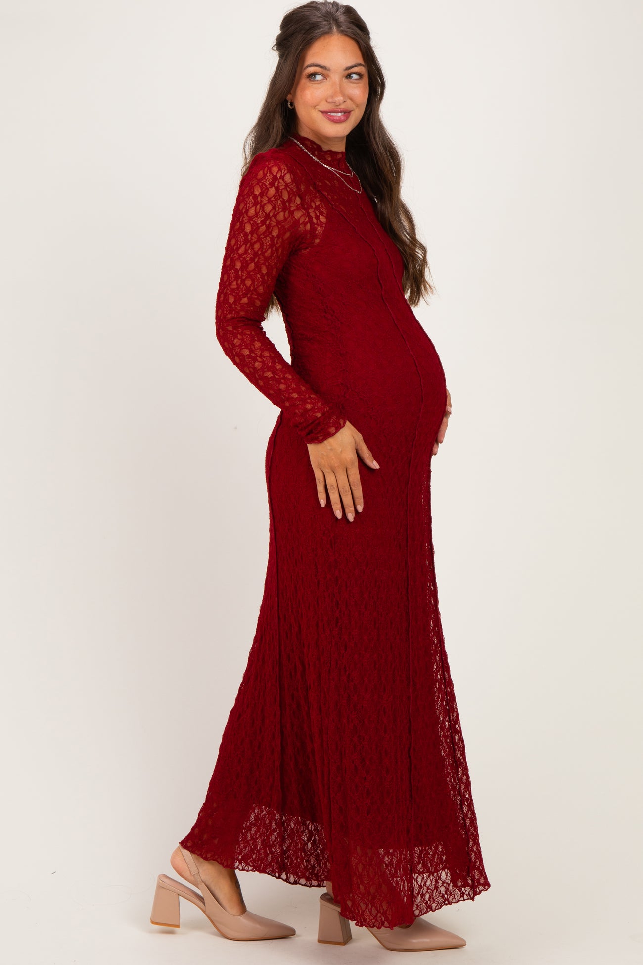 Burgundy Lace Mock Neck Long Sleeve Maternity Maxi Dress