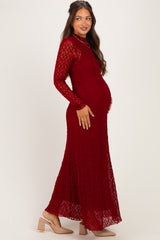 Burgundy Lace Mock Neck Long Sleeve Maternity Maxi Dress