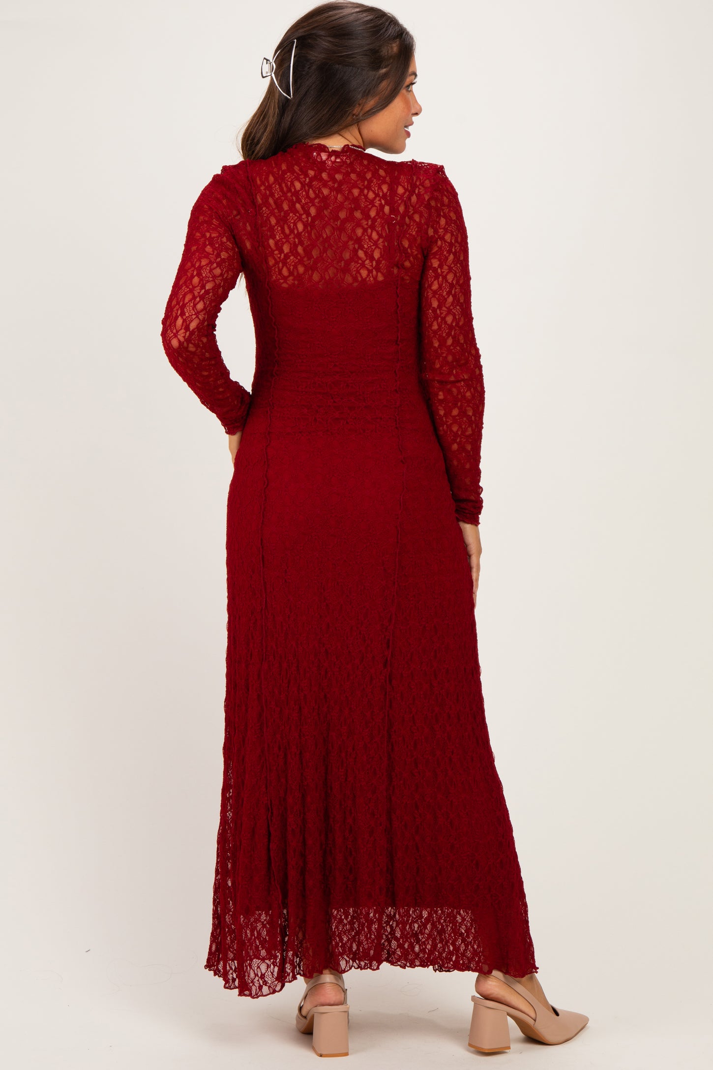 Burgundy Lace Mock Neck Long Sleeve Maternity Maxi Dress