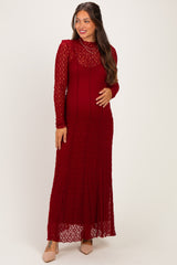 Burgundy Lace Mock Neck Long Sleeve Maternity Maxi Dress