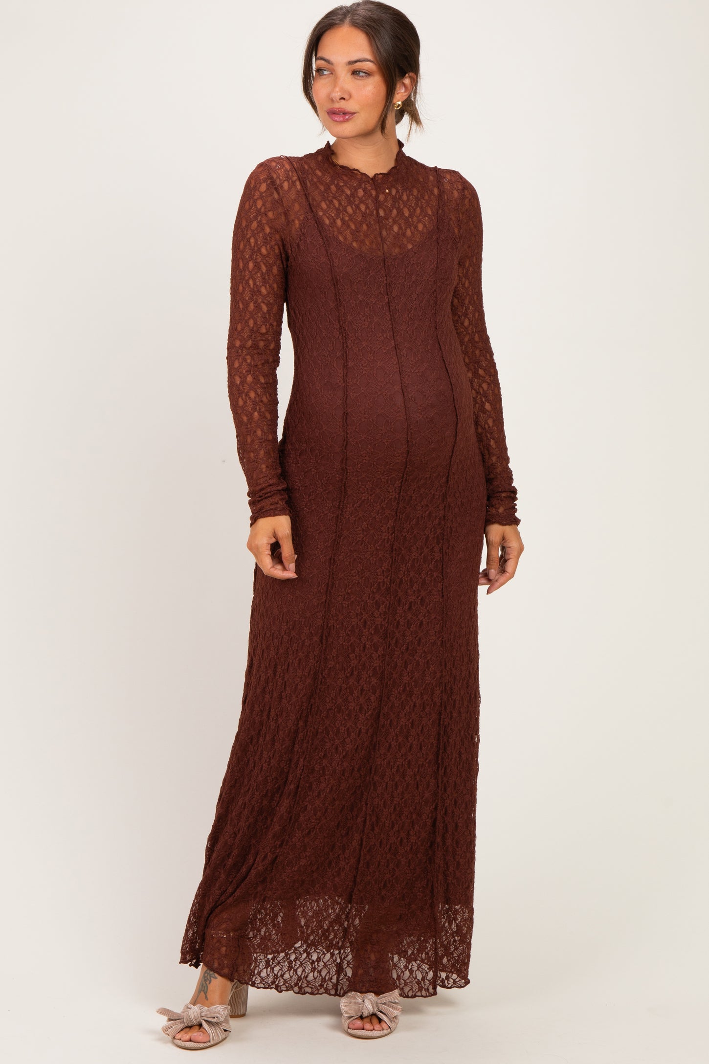 Brown Lace Mock Neck Long Sleeve Maternity Maxi Dress