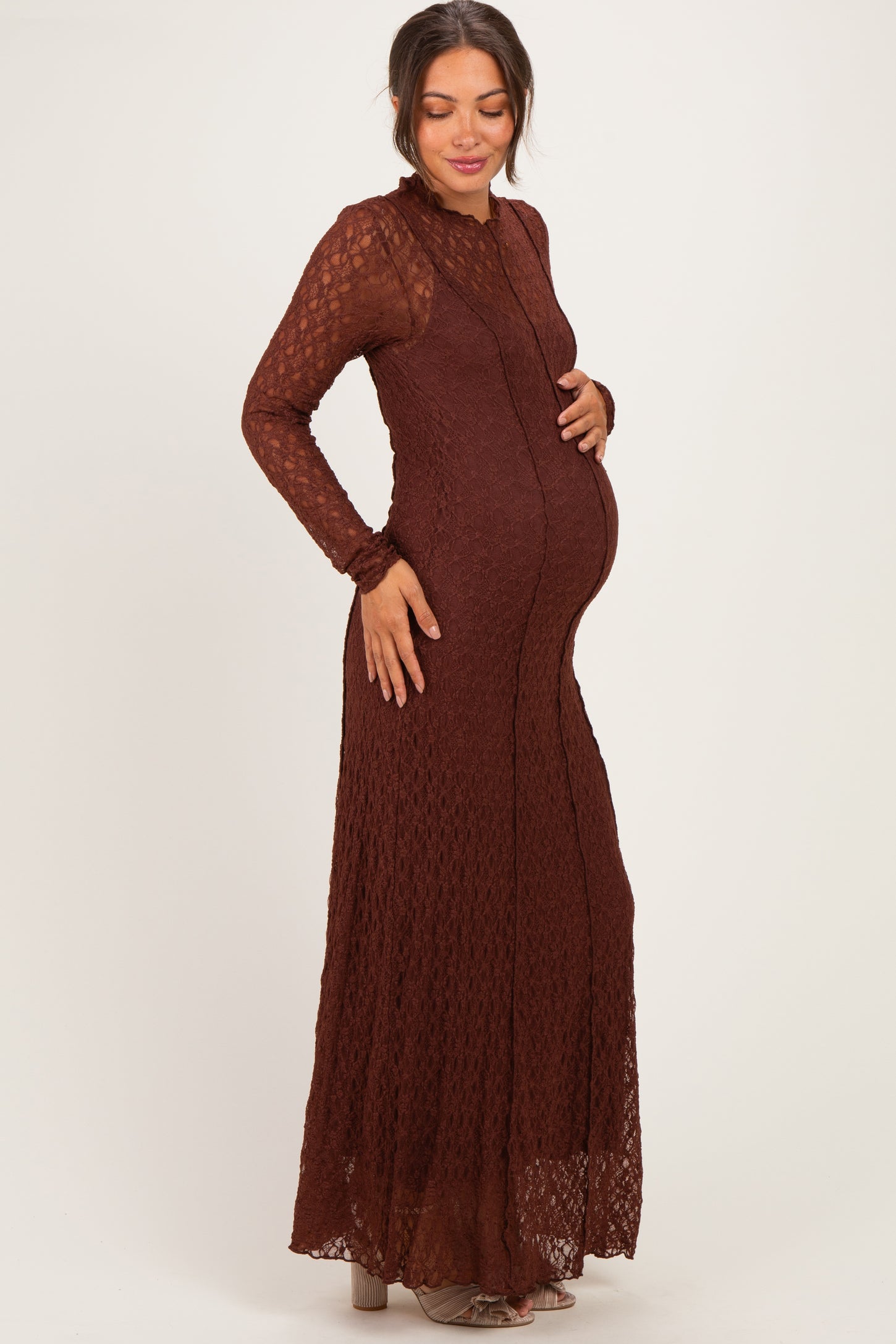 Brown Lace Mock Neck Long Sleeve Maternity Maxi Dress