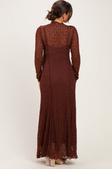 Brown Lace Mock Neck Long Sleeve Maternity Maxi Dress