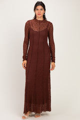 Brown Lace Mock Neck Long Sleeve Maternity Maxi Dress