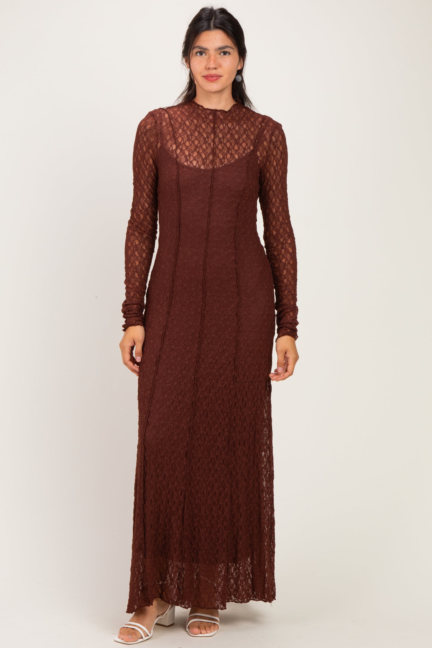 Brown Lace Mock Neck Long Sleeve Maxi Dress