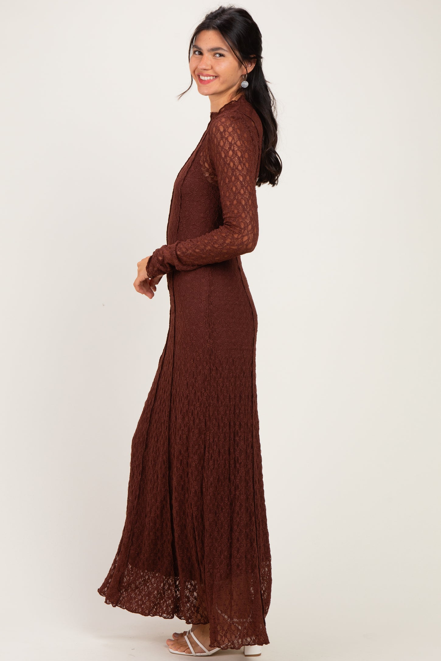 Brown Lace Mock Neck Long Sleeve Maxi Dress