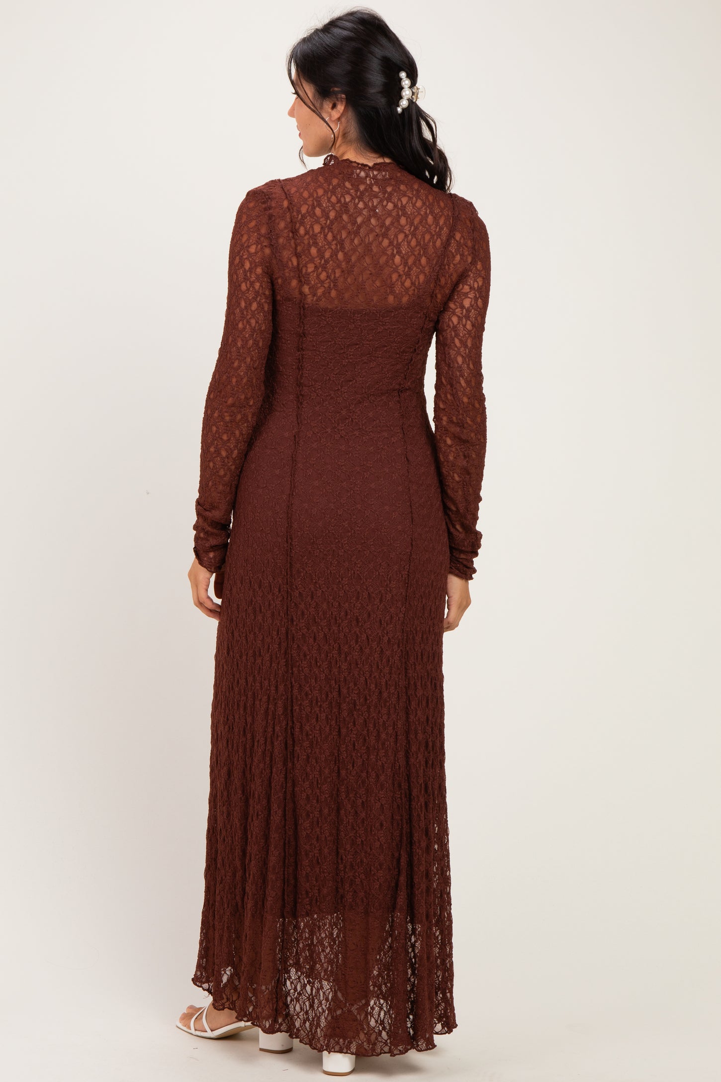 Brown Lace Mock Neck Long Sleeve Maxi Dress