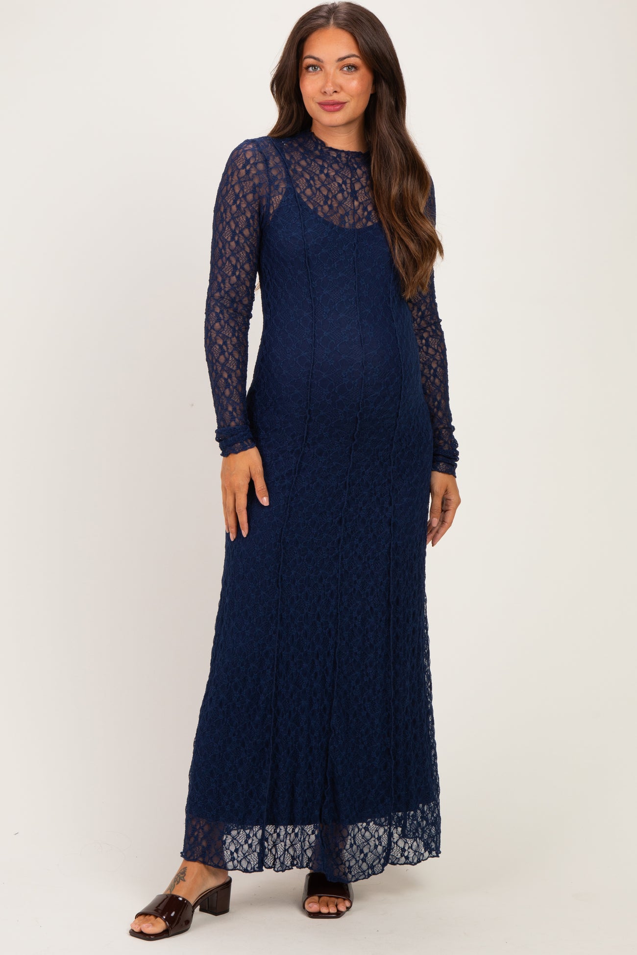 Navy Lace Mock Neck Long Sleeve Maternity Maxi Dress