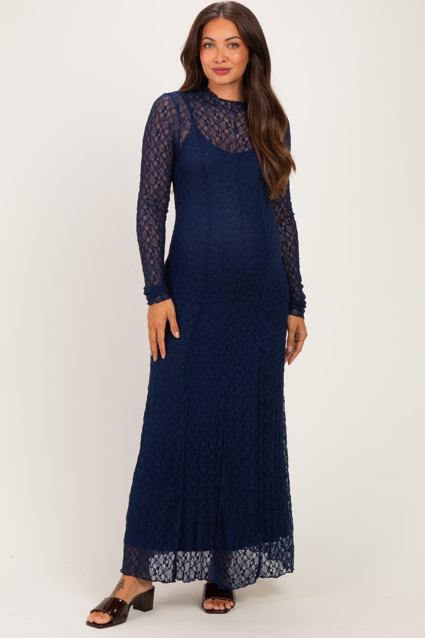 Navy Lace Mock Neck Long Sleeve Maternity Maxi Dress