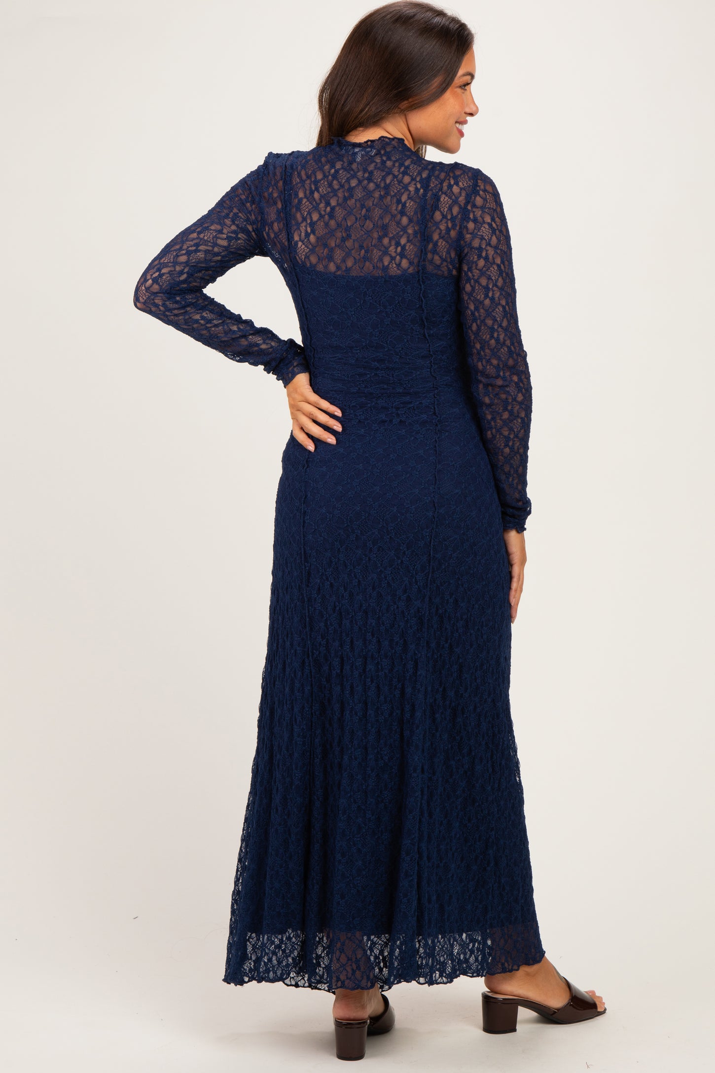 Navy Lace Mock Neck Long Sleeve Maternity Maxi Dress