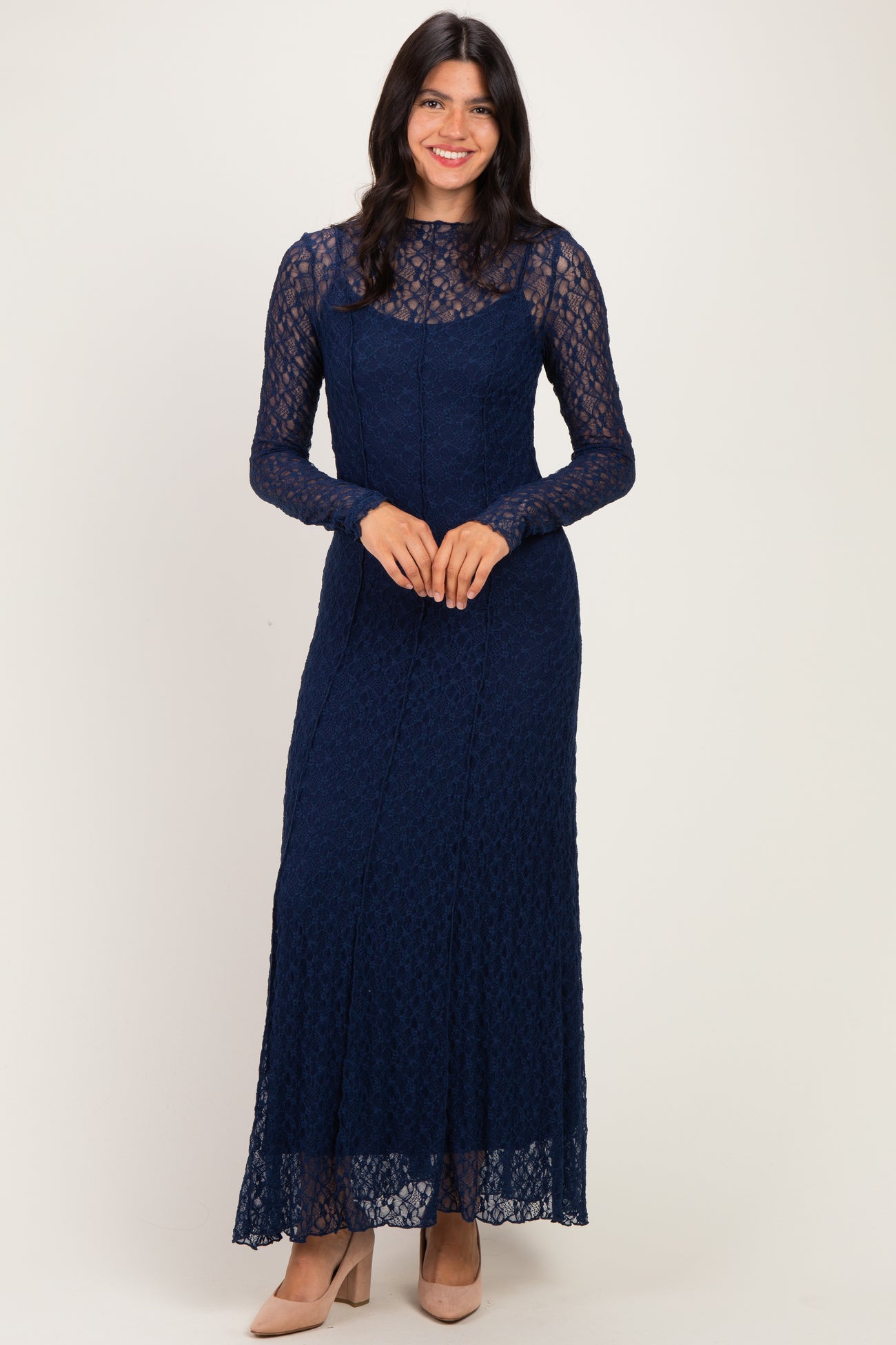 Navy Lace Mock Neck Long Sleeve Maternity Maxi Dress