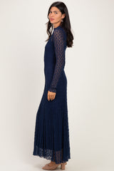 Navy Lace Mock Neck Long Sleeve Maxi Dress