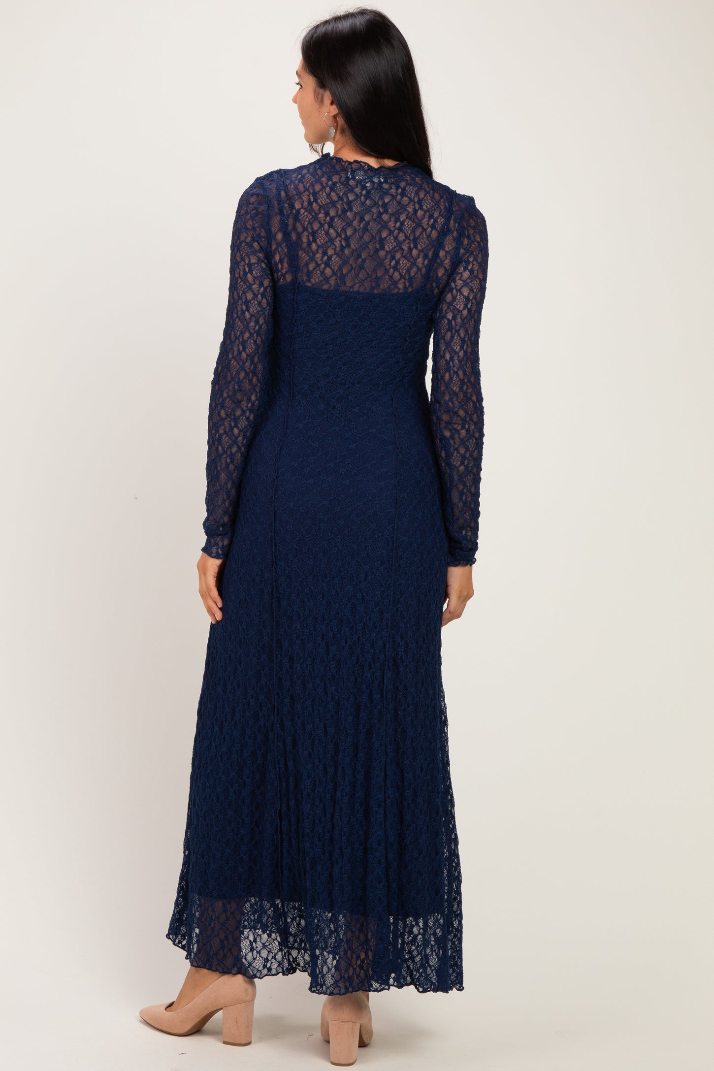 Navy Lace Mock Neck Long Sleeve Maxi Dress