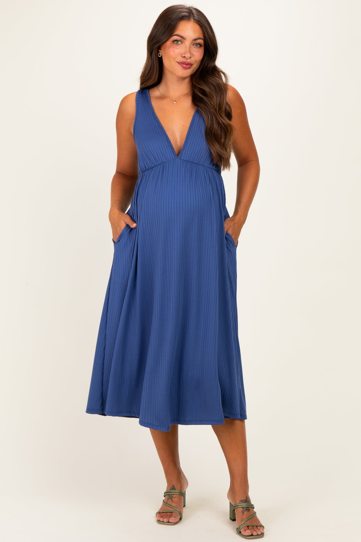 Blue Sleeveless Ribbed Knit A-Line Maternity Midi Dress – PinkBlush