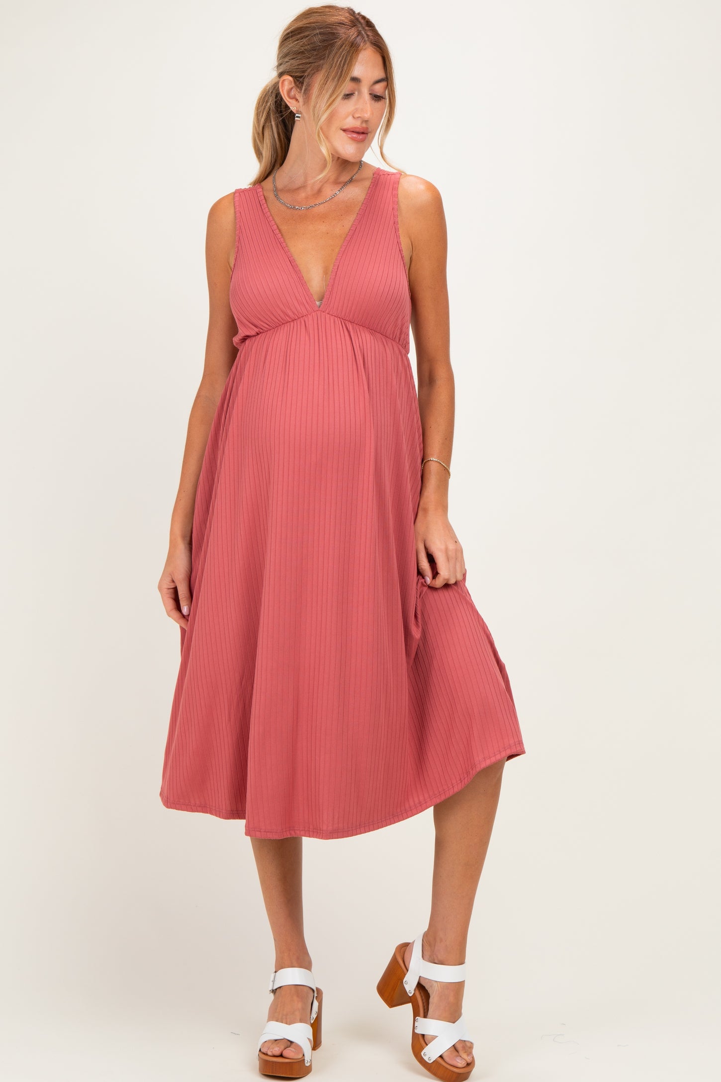 Mauve Sleeveless Ribbed Knit A-Line Maternity Midi Dress – PinkBlush