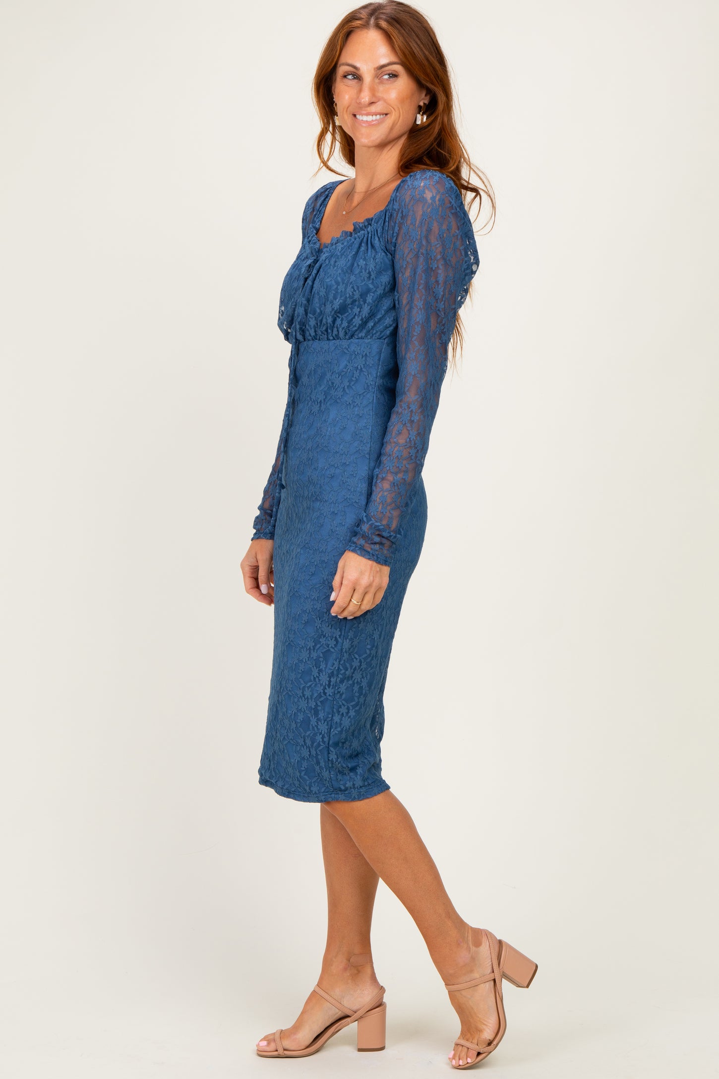 Blue Lace Long Sleeve Midi Dress – PinkBlush