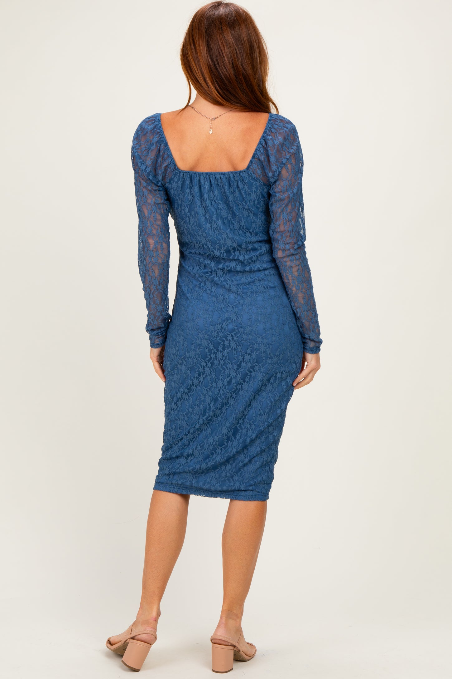 blue lace midi dress with sleeves Blue Lace Midi Shirt Dress