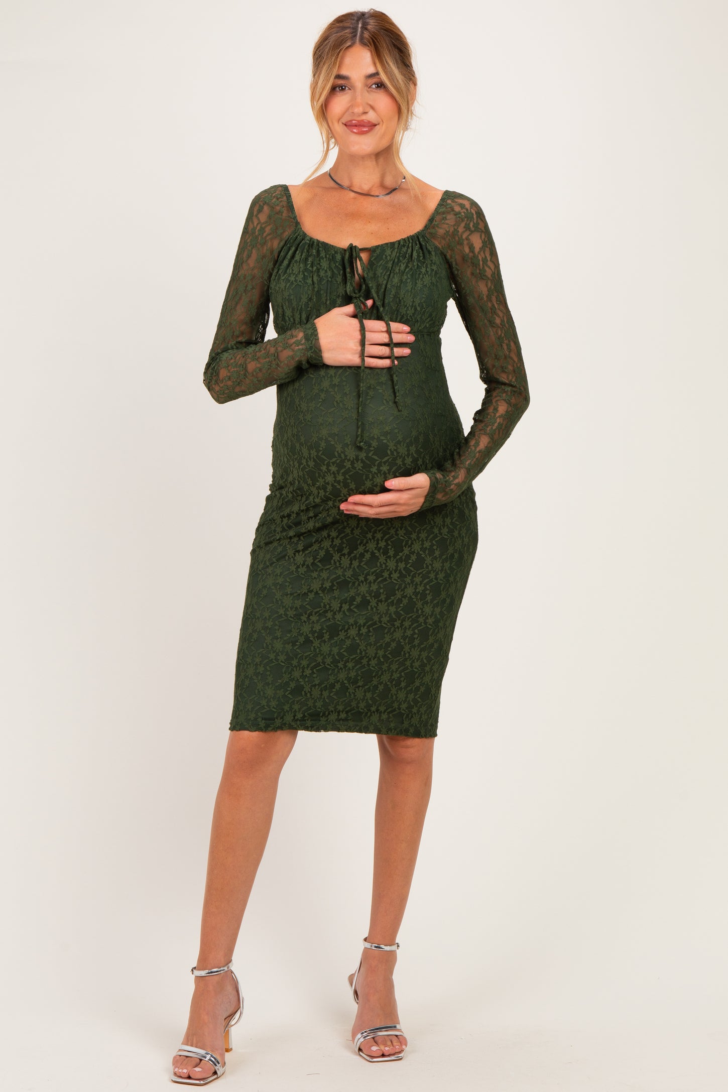 Olive Lace Long Sleeve Maternity Midi Dress