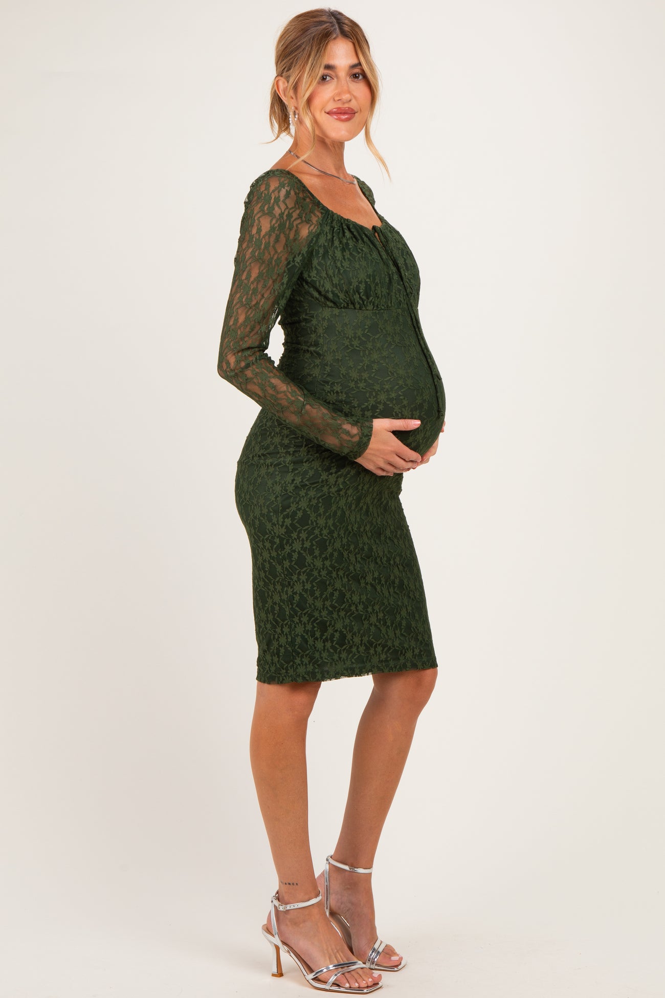 Olive Lace Long Sleeve Maternity Midi Dress
