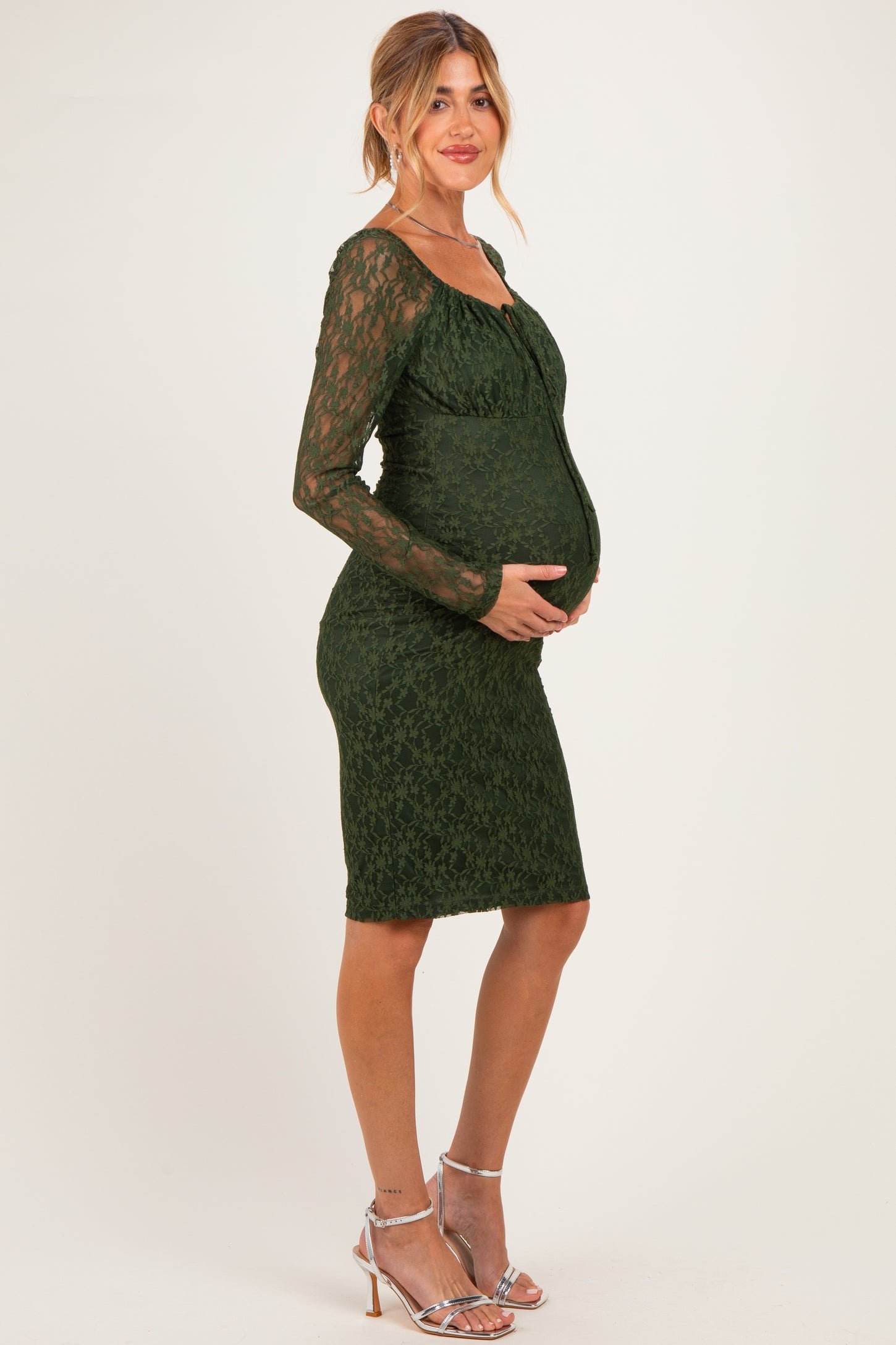 Olive Lace Long Sleeve Maternity Midi Dress