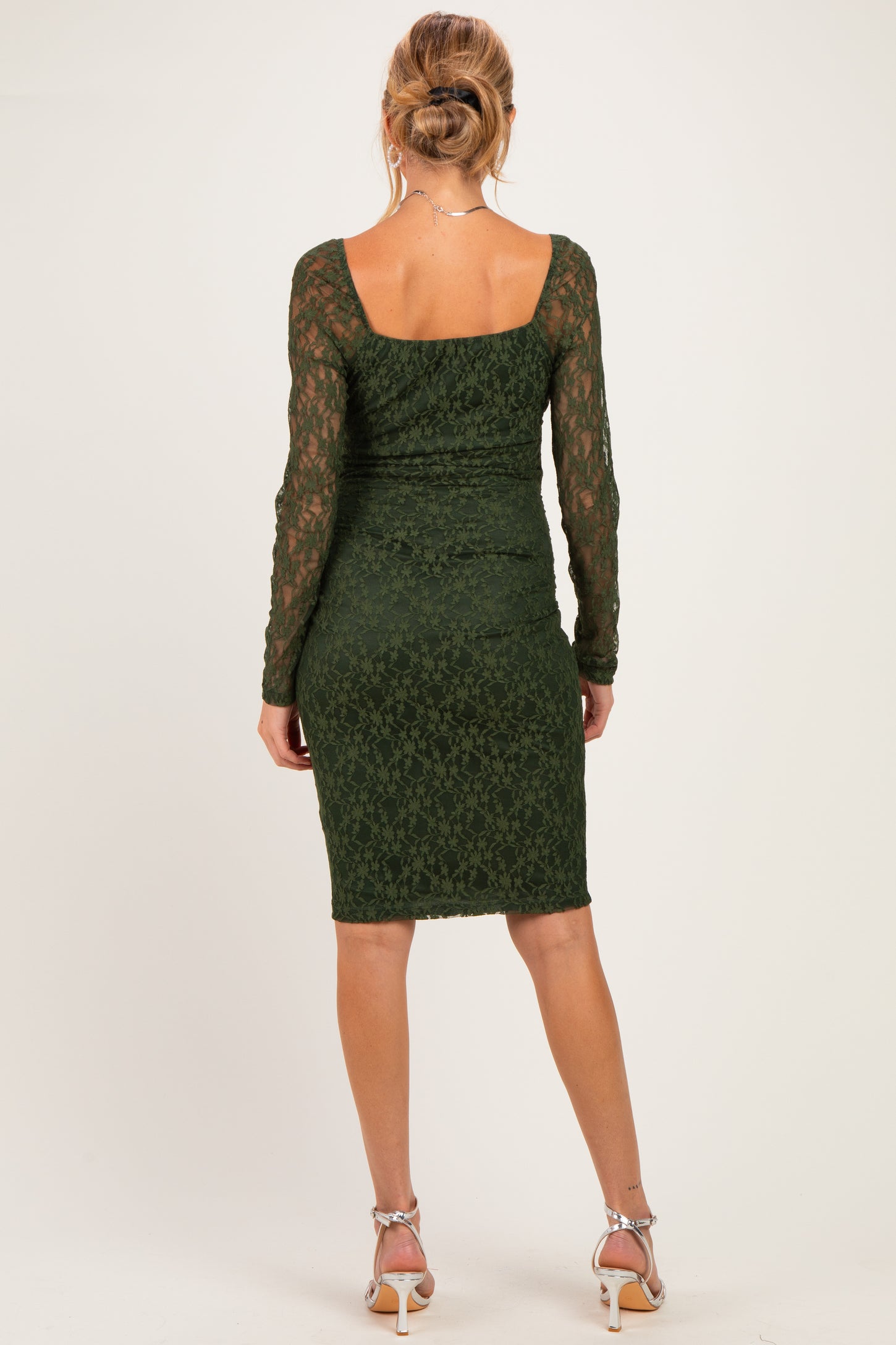 Olive Lace Long Sleeve Maternity Midi Dress