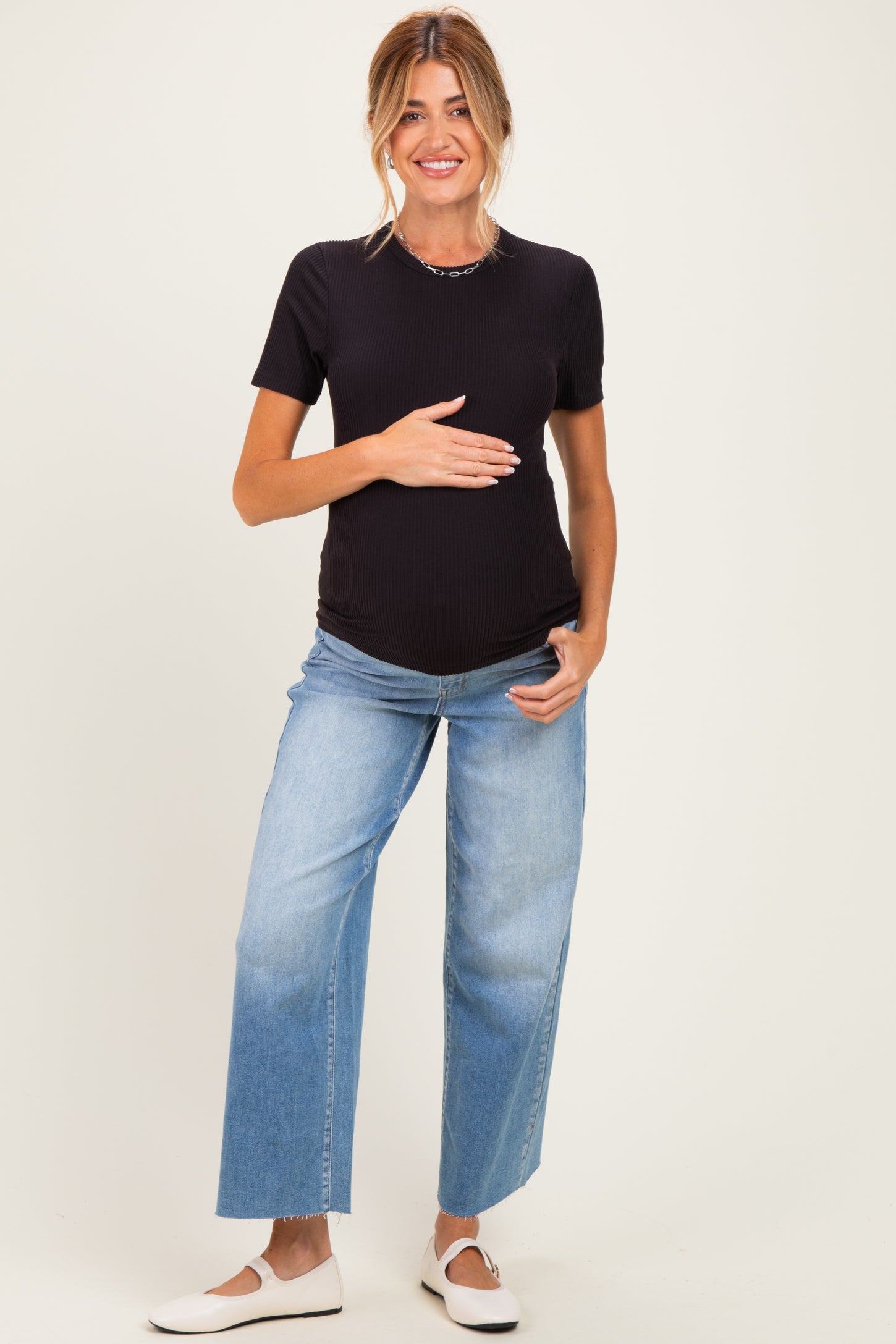 Black Brushed Ribbed Knit Maternity Crewneck Tee