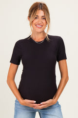 Black Brushed Ribbed Knit Maternity Crewneck Tee