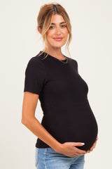 Black Brushed Ribbed Knit Maternity Crewneck Tee
