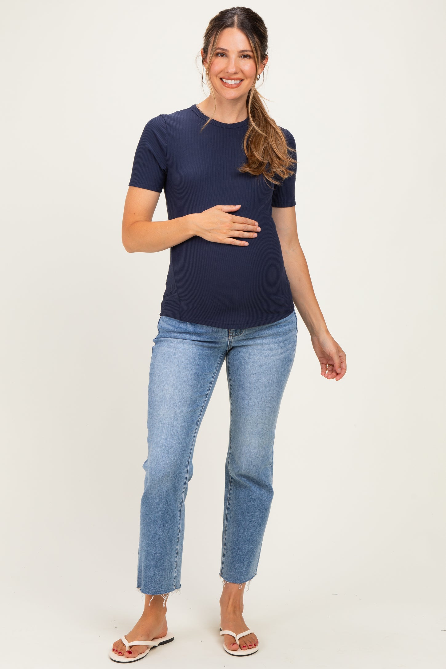 Navy Brushed Ribbed Knit Maternity Crewneck Tee