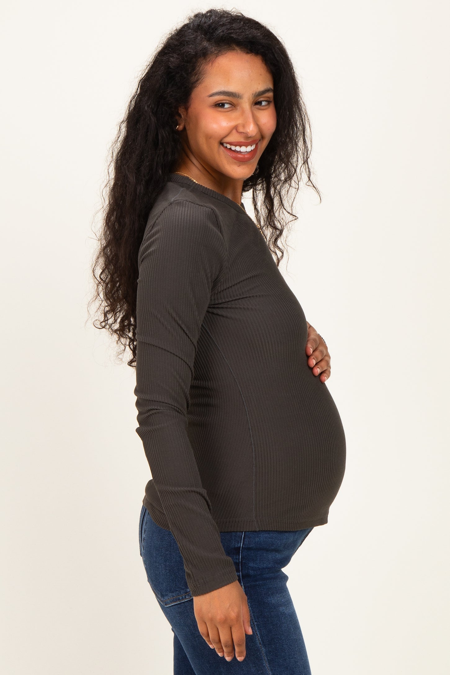 Charcoal Smoke Brushed Rib Knit Maternity Long Sleeve Top