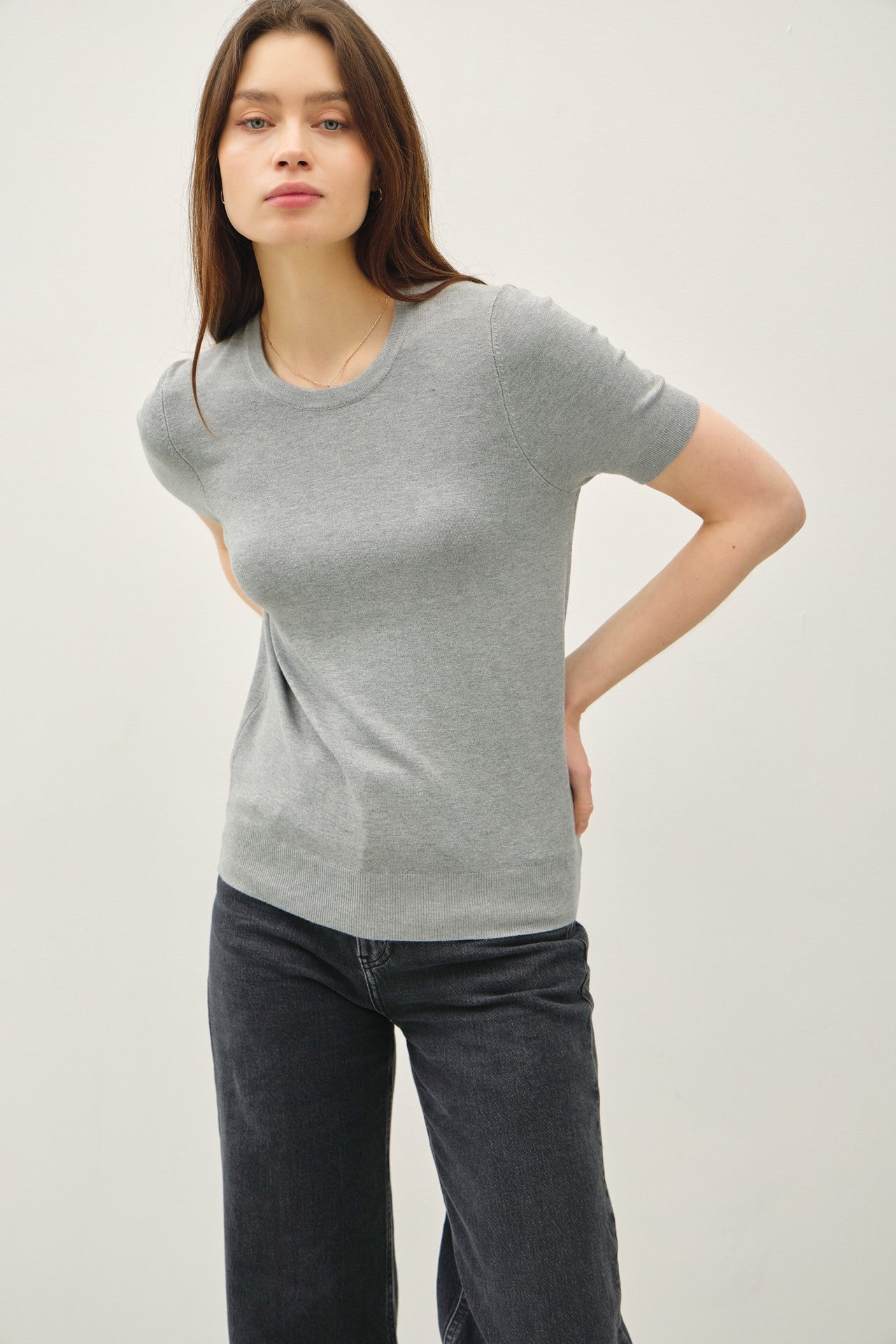 Heather Grey Basic Short Sleeve Sweater Top