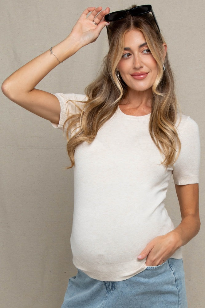 Oatmeal Basic Short Sleeve Maternity Sweater Top