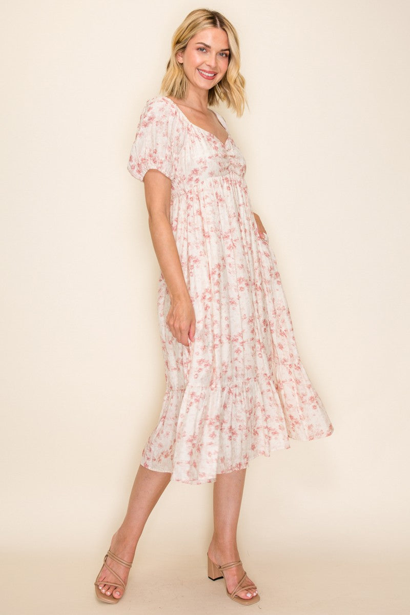 woman wearing a light pink floral midi dress with short sleeves and a relaxed fit, standing in profile on a neutral background