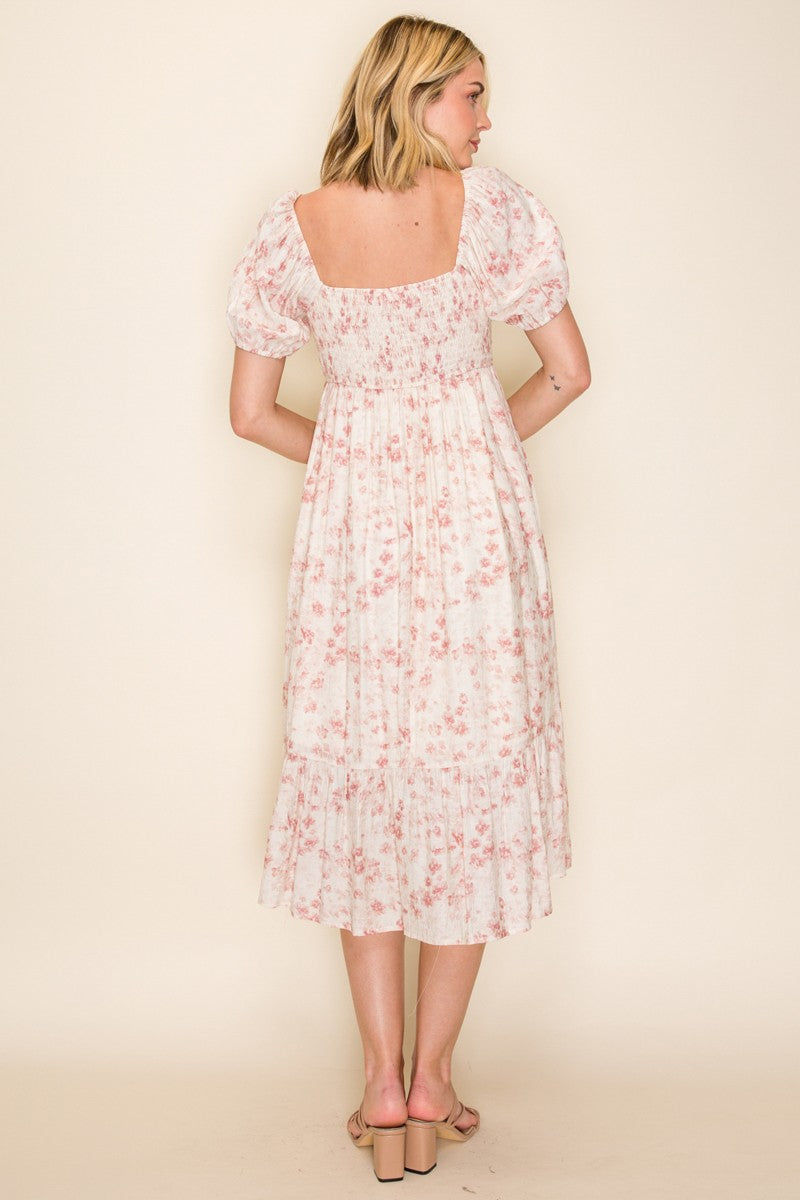 Ivory Floral Sweetheart Neckline Midi Dress